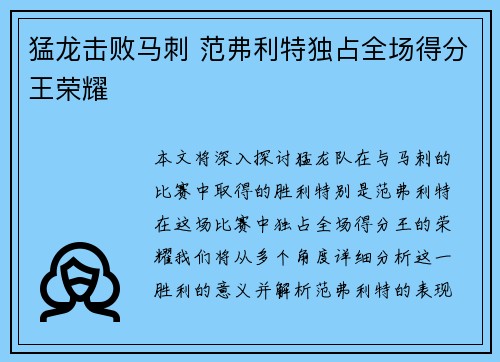 猛龙击败马刺 范弗利特独占全场得分王荣耀