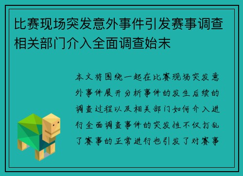比赛现场突发意外事件引发赛事调查相关部门介入全面调查始末