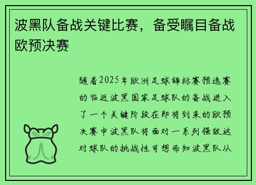 波黑队备战关键比赛，备受瞩目备战欧预决赛