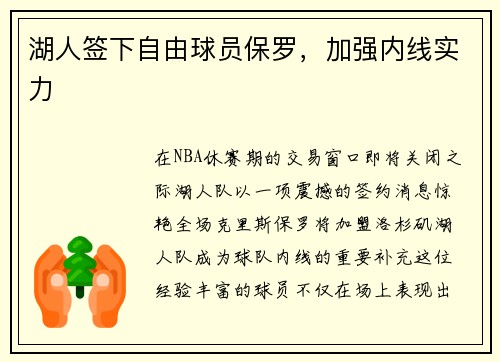 湖人签下自由球员保罗，加强内线实力
