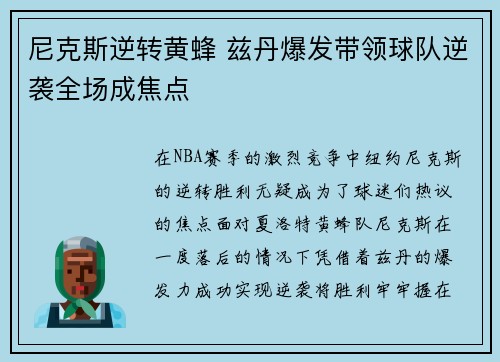 尼克斯逆转黄蜂 兹丹爆发带领球队逆袭全场成焦点