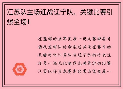 江苏队主场迎战辽宁队，关键比赛引爆全场！