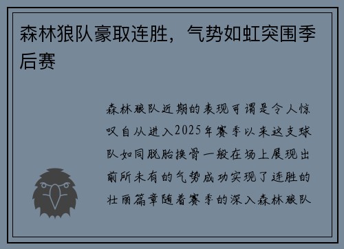 森林狼队豪取连胜，气势如虹突围季后赛