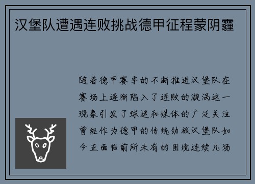 汉堡队遭遇连败挑战德甲征程蒙阴霾