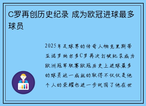 C罗再创历史纪录 成为欧冠进球最多球员