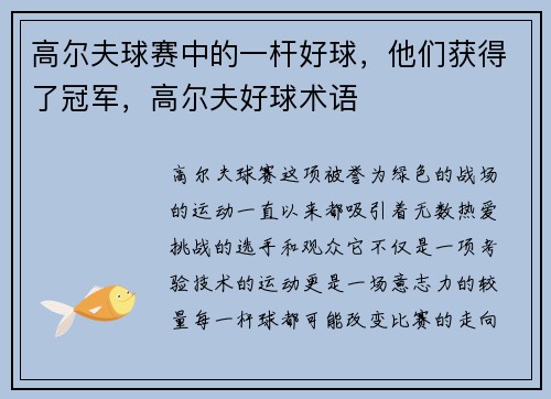 高尔夫球赛中的一杆好球，他们获得了冠军，高尔夫好球术语